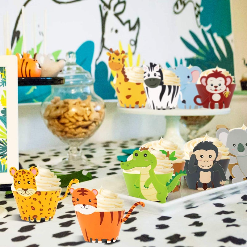 Bessmoso 48 Pcs Jungle Safari Animal Cupcake Wrappers Wild Party Cake Decorations Jungle Wild Cake Wrappers for Baby Shower Birthday Themed Decorations Safari Party Supplies - Image 2